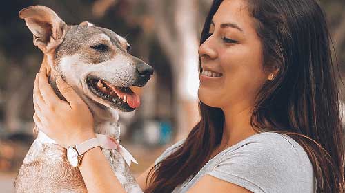 Woman with long dark hari patting happy dog with tongue hanging out